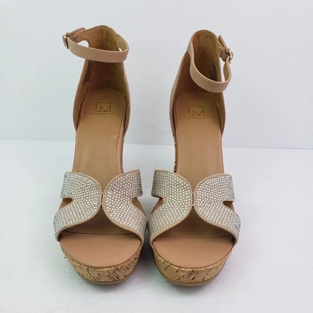 Material Girl Bretta Womens Size 9.5 Nude Bling Open Toe Cork Wedge Sandal Shoes